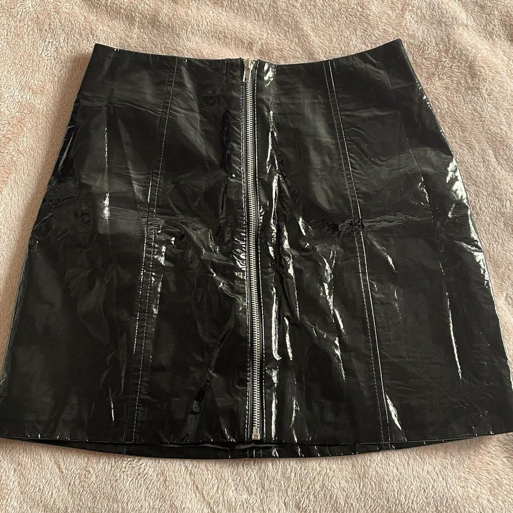 Black Vinyl/Fake Leather Zip up Skirt